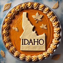 a simple pumpkin pie with a little decoration in the center shaped like Idaho