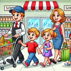 cartoon image of a family shopping at a grocery store