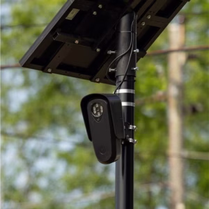 Image of an automated license plate reader camera manufactured by Flock Safety.