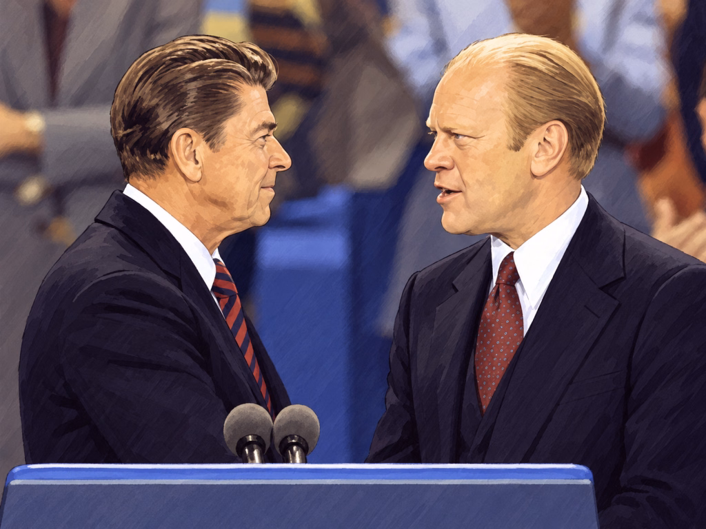 Cartoon image of Ronald Reagan and Gerald Ford at the 1976 Republican National Convention.