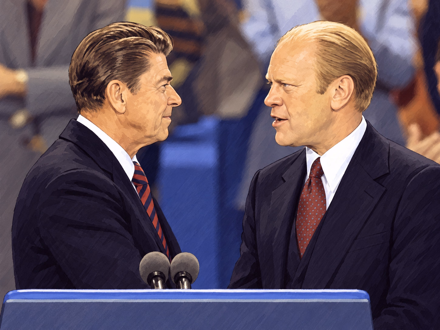 Cartoon image of Ronald Reagan and Gerald Ford at the 1976 Republican National Convention.