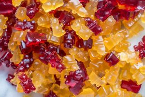 A pile of homemade red and golden gummy bears