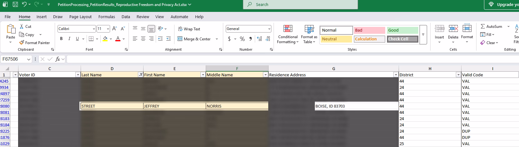 District Judge Candidate Signed Abortion Initiative Petition 2 Screenshot of a CSV file opened in Microsoft Excel showing Jeffrey Street of Boise, ID as a signer for the abortion initiative.